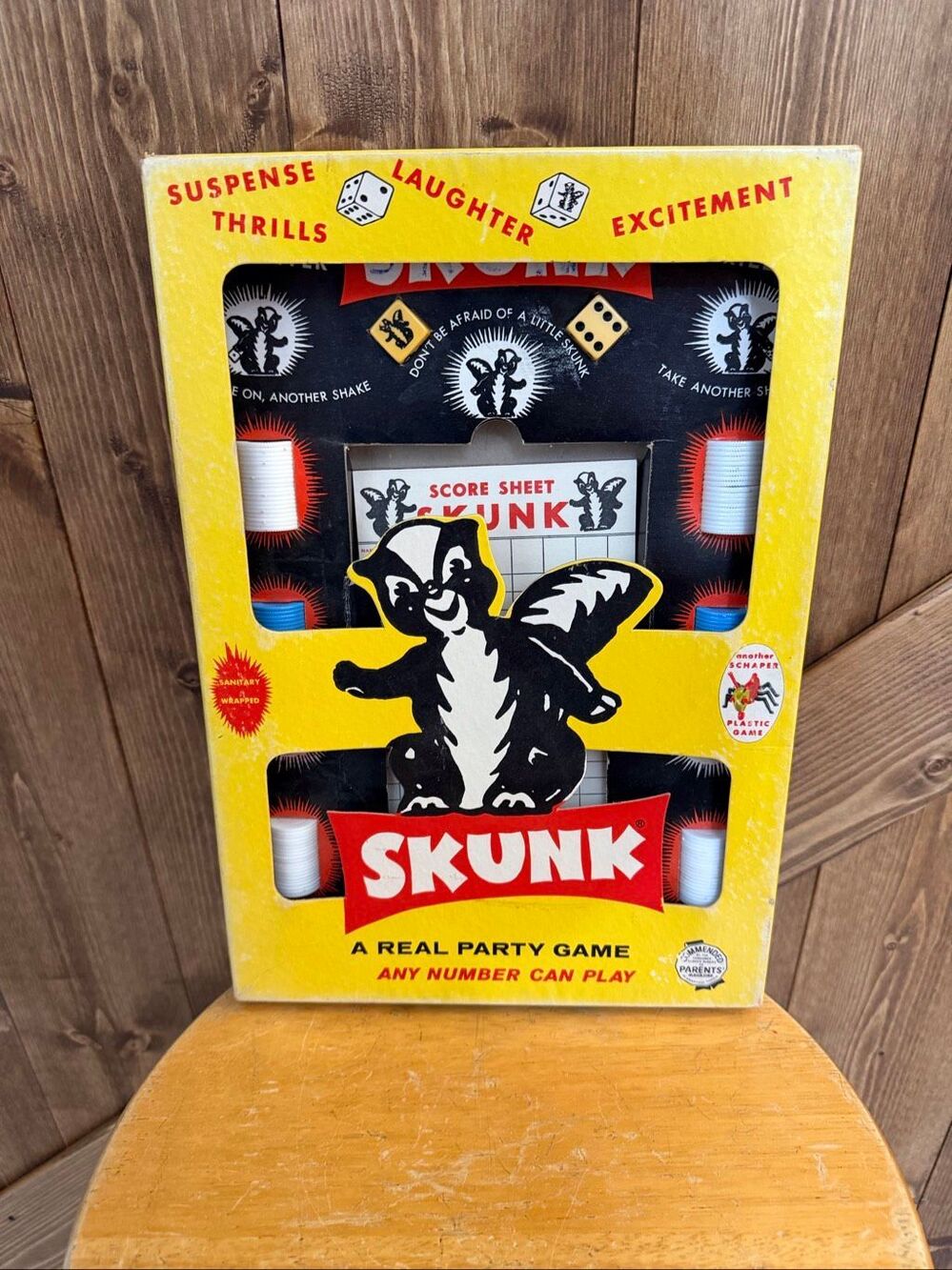 Vintage 1953 Schaper SKUNK Party Dice Game Original Box Score Sheets Chips (9373
